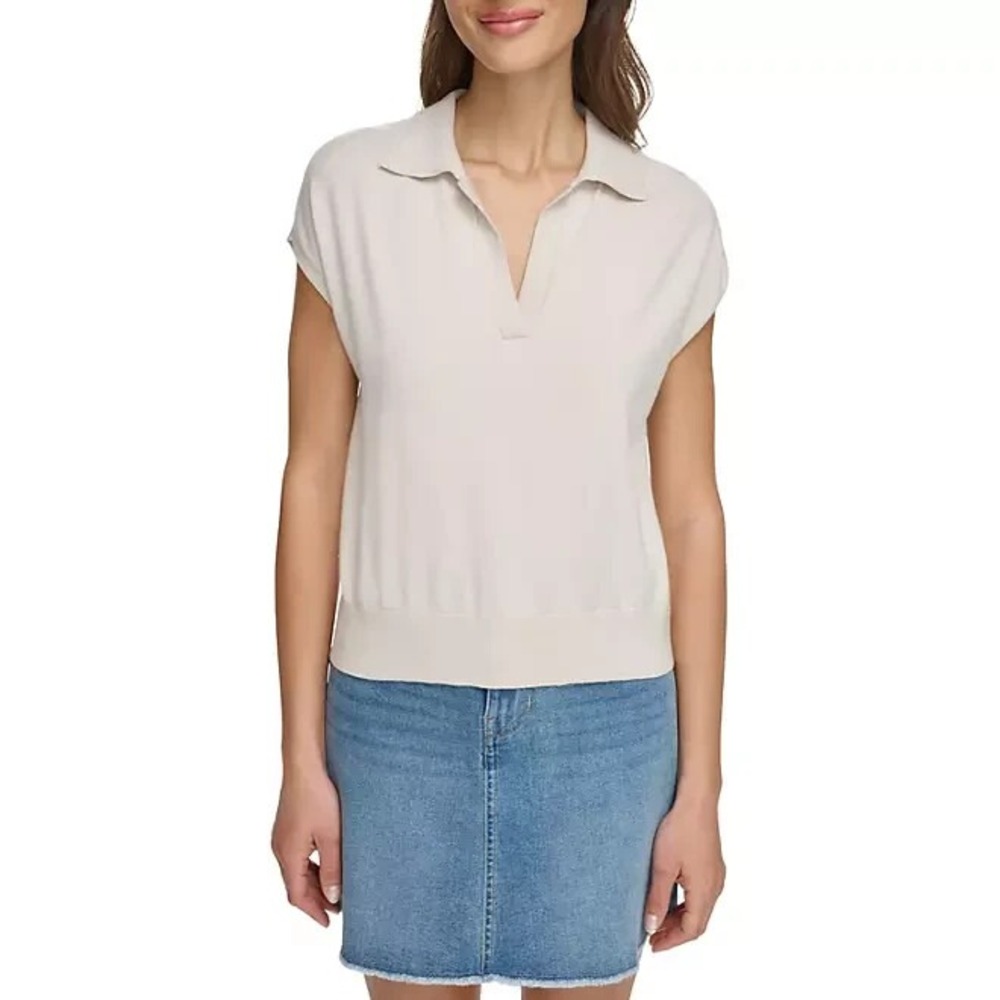 DKNY Ladies Sleeveless Collared Sweater XL Birch Beige Polo Neck Pullover